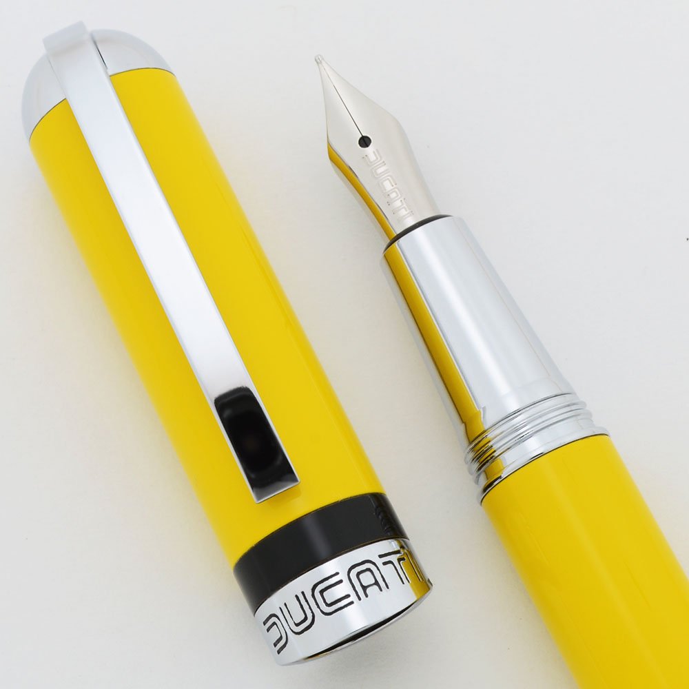 Ducati 850 Fountain Pen - Yellow w Silver Trim, Medium Nib (Near